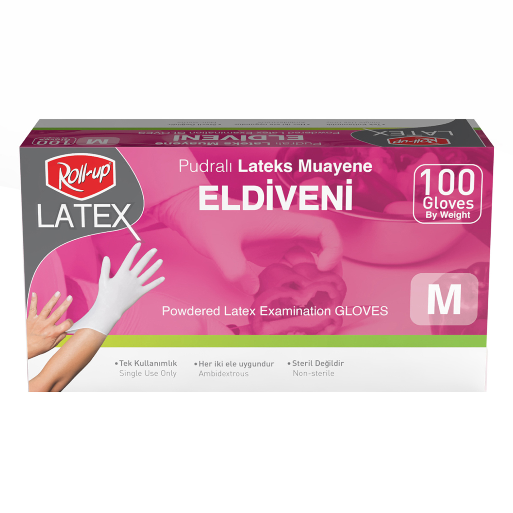 Roll-Up Pudralı Lateks Muayene Eldiven M 100'lü