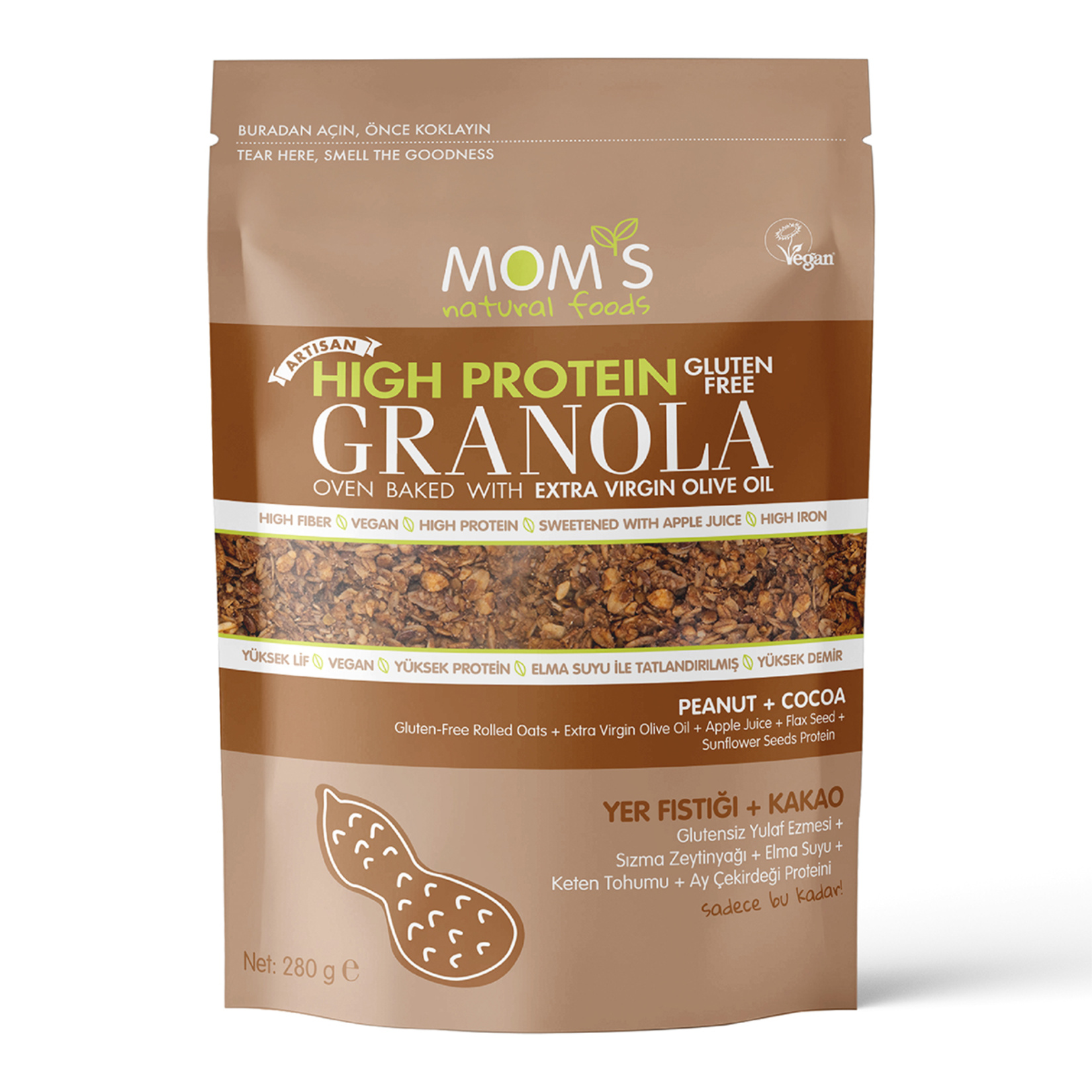 Mom's Yüksek Proteinli Glutensiz Yer Fıstıklı Kakao Granola 280 G