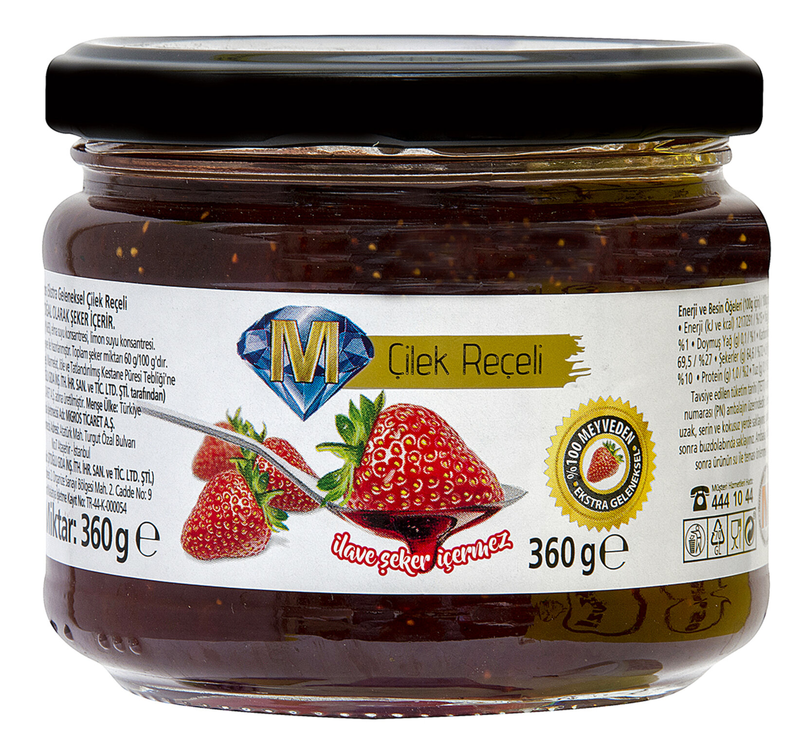 Migros Şeker İlavesiz Çilek Reçeli 360 G